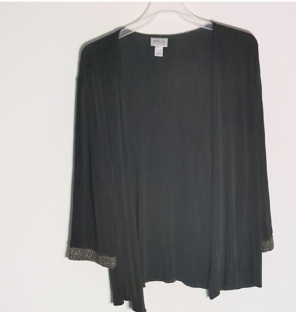 Chicos Travelers Women's Cardigan Sweater Matte Jersey Brown Beading Size‎ 3 16